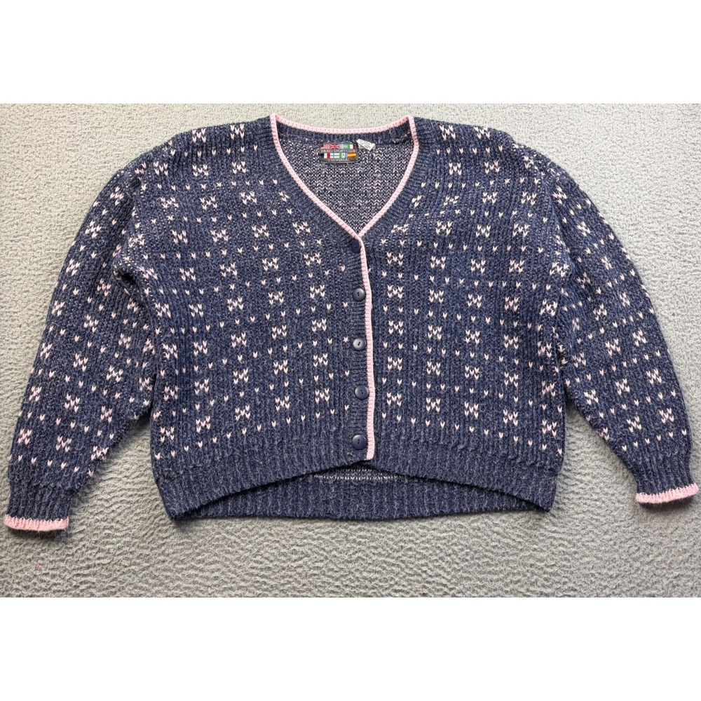 VTG Paris Sport Club Sweater Womens Cardigan Knit Blue Pink V Neck Size Large
